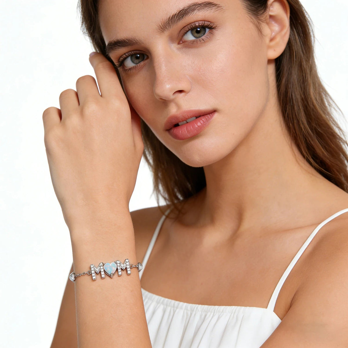Gifts for Mother from Child,Family Love Jewelry,White Opal & Cubic Zircon,Sentimental MOM Bracelet Perfect for Mother's Day Gift Good Vibrations