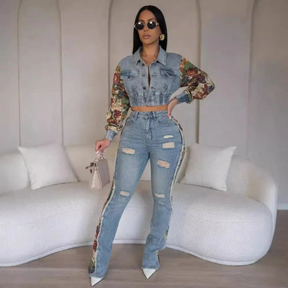 Jeans Suit Women Denim Two Piece Set Short Coat Pants Outfits Hole Trousers Flower Print Turn Down Collar Autumn 2025 Y2k Good Vibrations