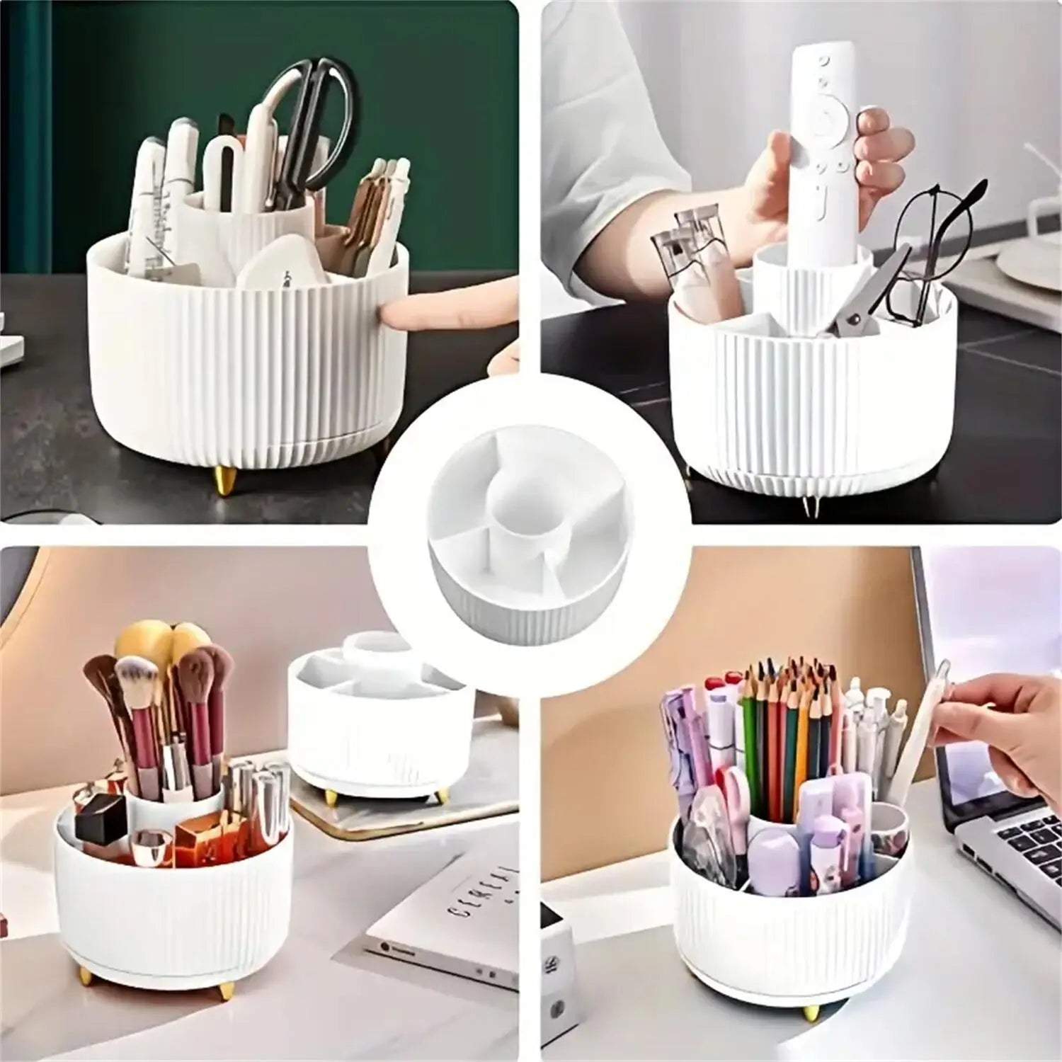 360° Rotating Makeup Organizer - 1pc Plastic Cosmetic Storage with 5 Compartments - Multi-Functional Holder for Brushes Good Vibrations