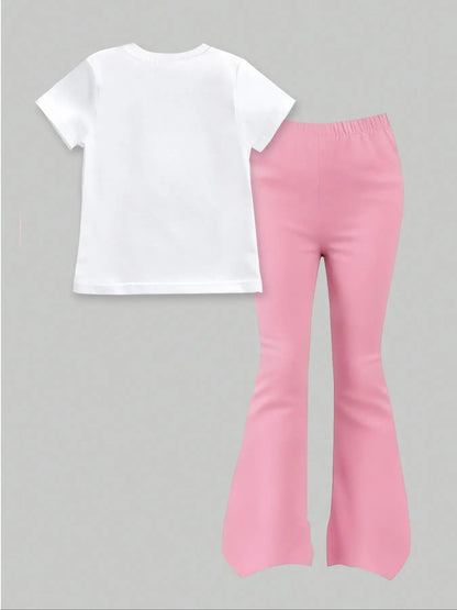 Children's Clothing for Girls 2026 New Style Clothes for Girls Aged 4-12 Kpop Cute Soda Print Set Pink and Blue Letters + Rainbow Pattern Soda Can Print White Short-Sleeve Shirt + Pink Flared Pants Two-Piece Set Good Vibrations