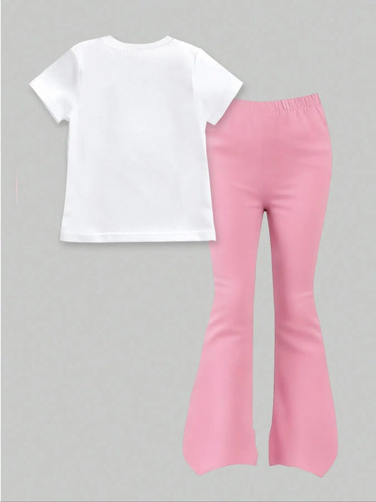Children's Clothing for Girls 2026 New Style Clothes for Girls Aged 4-12 Kpop Cute Soda Print Set Pink and Blue Letters + Rainbow Pattern Soda Can Print White Short-Sleeve Shirt + Pink Flared Pants Two-Piece Set Good Vibrations