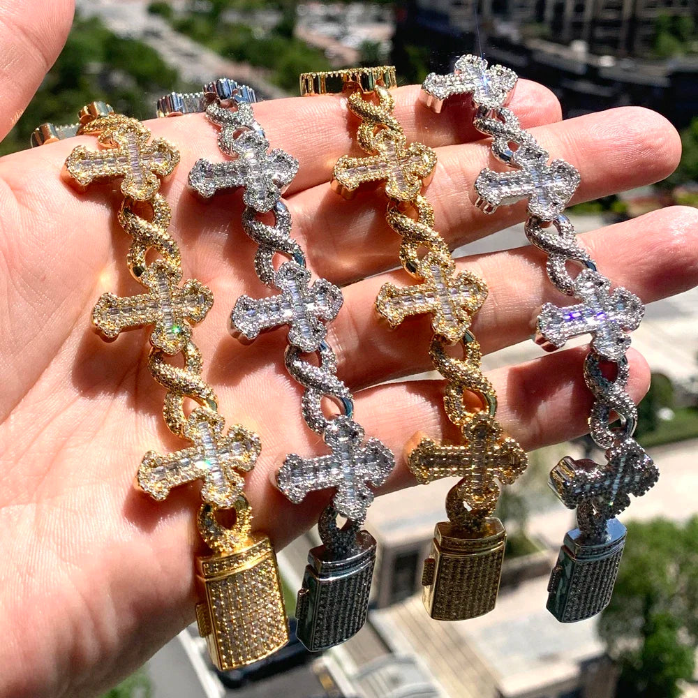 2025 New Men Boy Hip Hop Jewelry Iced Out Bling 5A CZ Multi Cross Charm X Shape Cuban Chain Charm Bracelet Gifts Good Vibrations