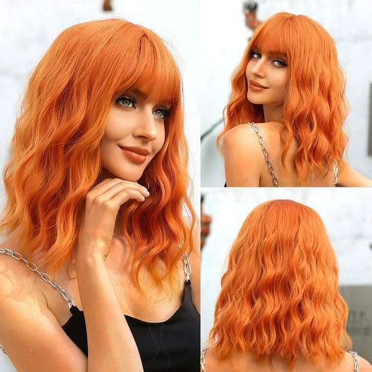 Synthetic Orange Cosplay Wig with Bangs for Women Shoulder Long Curly Copper Ginger Wigs Natural Heat Resistant Halloween Hair Good Vibrations