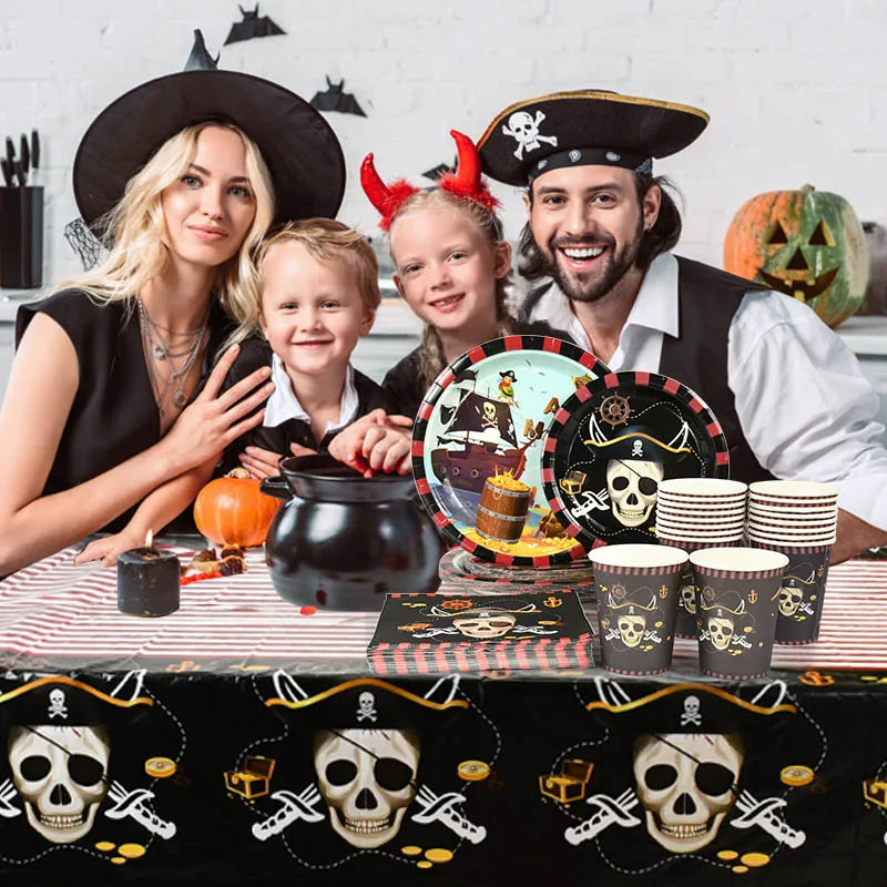 Pirate Theme Party Disposable Tableware Sets Paper Plate Cup Kids Birthday Party Decor Halloween Baby Shower Dining-table Supply Good Vibrations