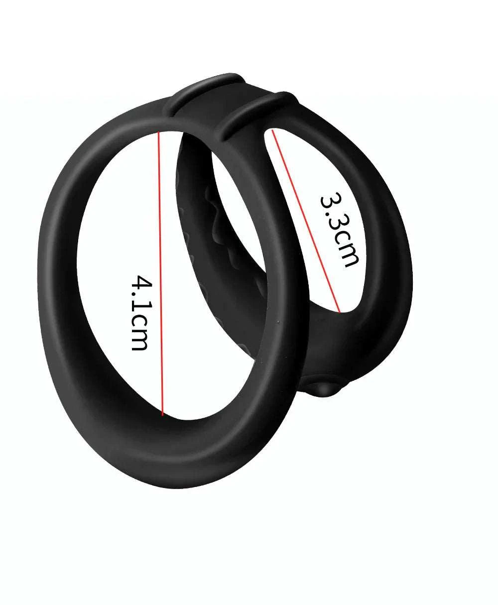 Semen lock ring male masturbator made of silicone with dimensions marked at 4.1cm and 3.3cm.