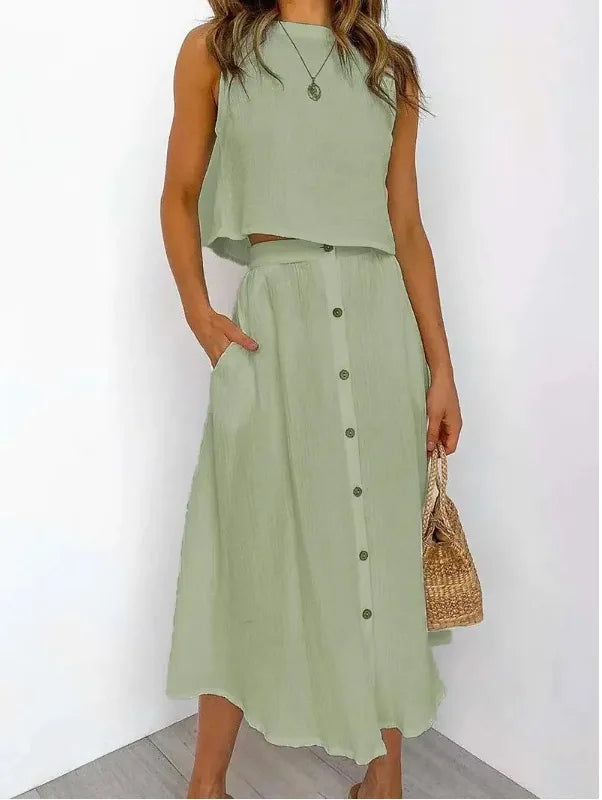 Summer Outfits For Women 2023 New Casual Cotton Linen Suit Loose Sleeveless Vest Single-breasted Skirt 2 Piece Set Women Outfit Good Vibrations