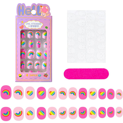 24Pcs/box Kids nails for Girl Cartoon Pattern False Nail Cute Child Fake Nails Tips Kawaii Acrylic Artificial Press on Nail+Tool Good Vibrations