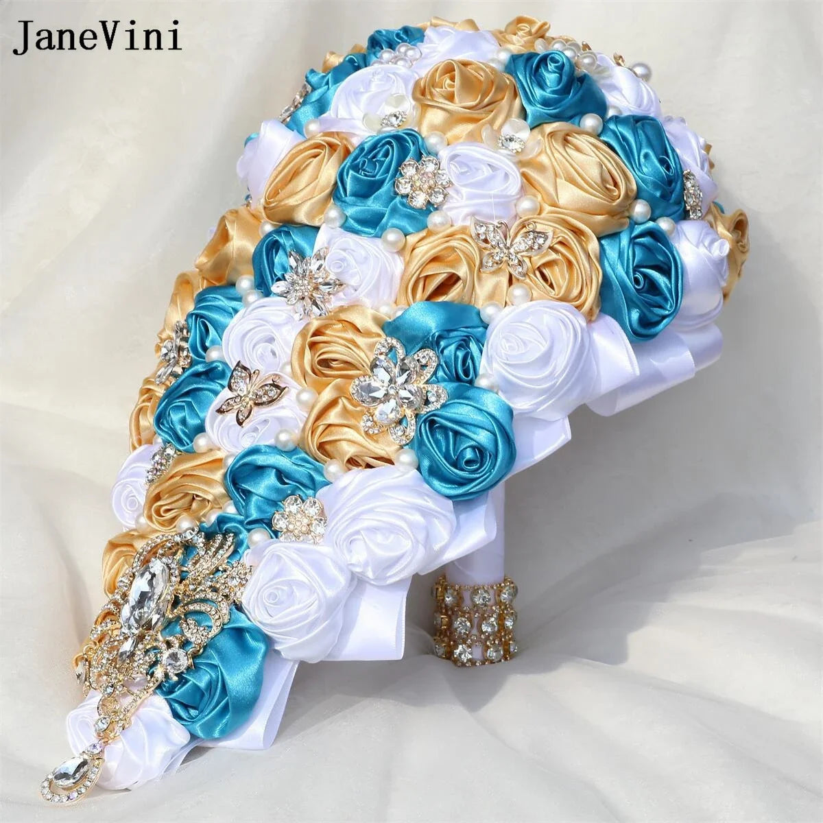 JaneVini Luxury Golden Rhinestones Pink Ivory Cascading Flowers Waterfall Bridal Bouquets Artificial Satin Roses Wedding Bouquet Good Vibrations
