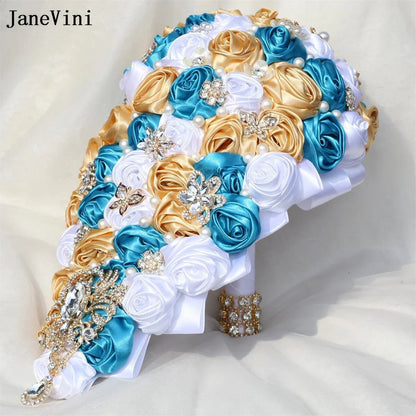 JaneVini Luxury Golden Rhinestones Pink Ivory Cascading Flowers Waterfall Bridal Bouquets Artificial Satin Roses Wedding Bouquet Good Vibrations