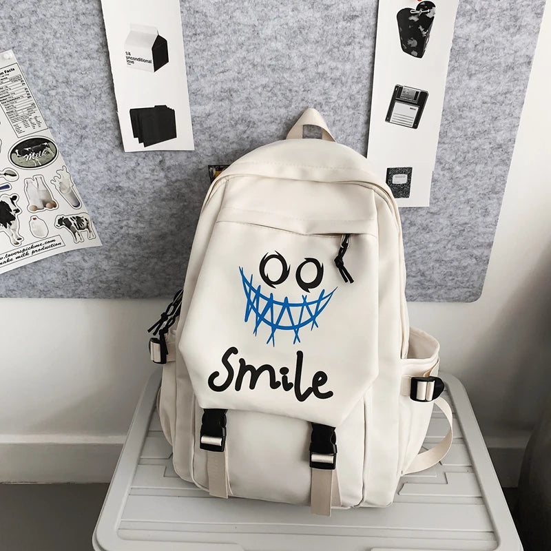 Pocket Front Backpack, Preppy Style Solid Color Nylon  Bookbag, Kawaii Large Capacity Double Handle School Bag Good Vibrations
