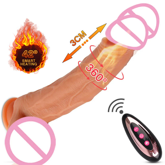 Huge realistic silicone remote control dildo with thrusting and vibrating features, designed for female pleasure, shown with smart heating and wireless controls.