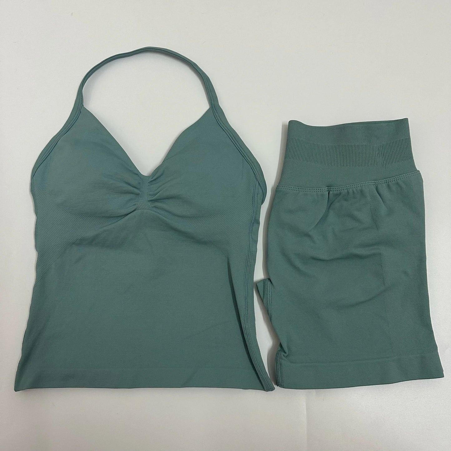 2 Pieces Women Yoga Set Seamless Impact Longline Strappy Tank Top Scrunch Sports Shorts Gym Clothes Woman Summer Workout Outfit Good Vibrations