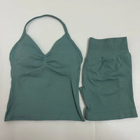 2 Pieces Women Yoga Set Seamless Impact Longline Strappy Tank Top Scrunch Sports Shorts Gym Clothes Woman Summer Workout Outfit Good Vibrations