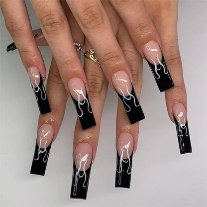 24Pcs/Set Long Ballet Fake Nail Art Halloween Pumpkin Head Artificial Acrylic Wearable Square Head Fake Nails Press on Nail Tips Good Vibrations