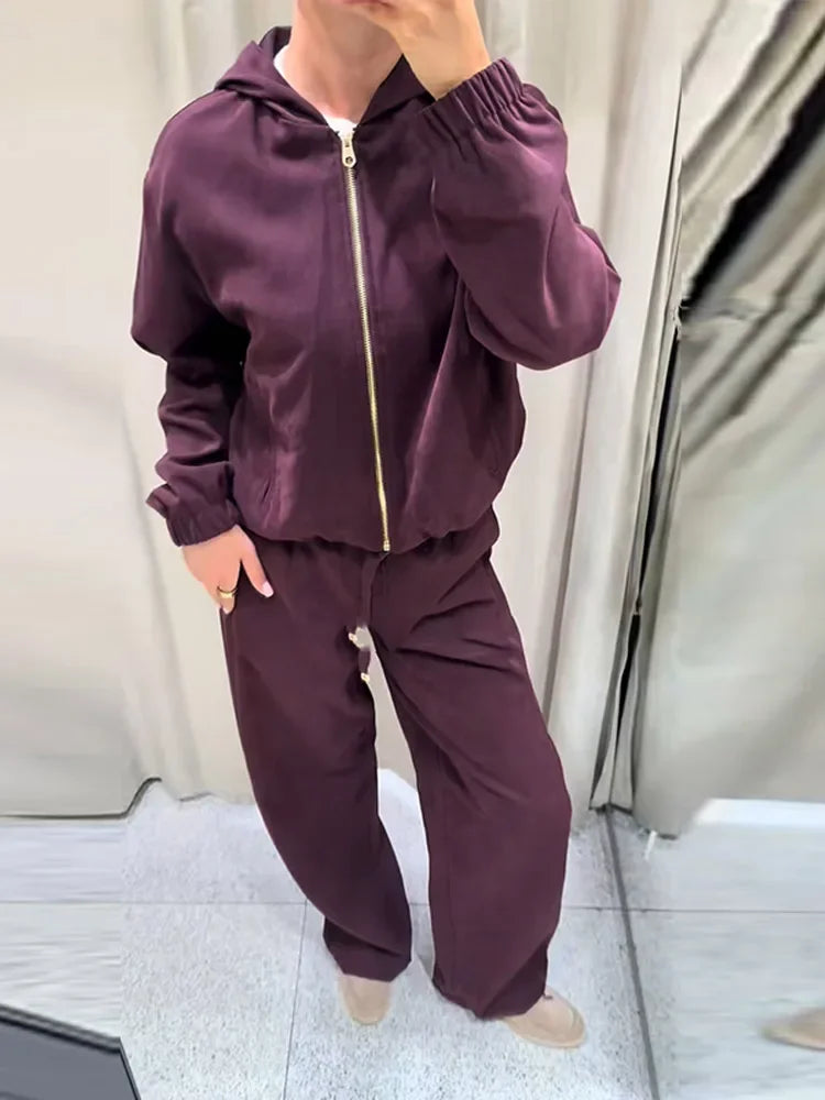 Casual Solid Hoodie Pants Set Women Zippers Loose Full Sleeve Coats Long Wide Leg Pant Sets Female 2025 Autumn New Lady Outfits Good Vibrations