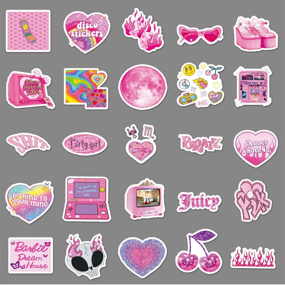 10/50Pcs Y2K Style Pink Graffiti Sticker Millennium Sticker Decoration for Phone Case Luggage Case Sticker Waterproof for Girls Good Vibrations