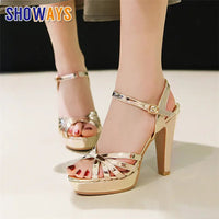 Big Size Gold Wedding Women Platform Sandals High Chunky Heels Pink Mirror PU Sexy Casual Party Lady Ankle Strap Gladiator Shoes Good Vibrations