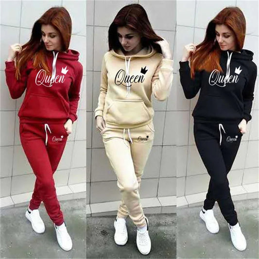 Hot women's 2-piece QUEEN print sports suit sportswear jogging suit women's hooded sportswear suit clothes hoodie+sweatpants Good Vibrations