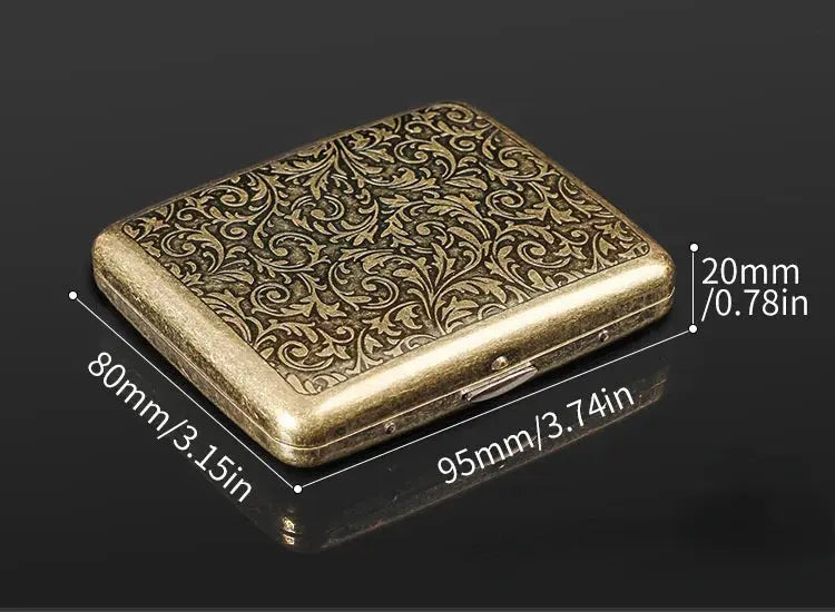 Retro brass cigarette box with intricate design, measuring 95mm by 80mm by 20mm.