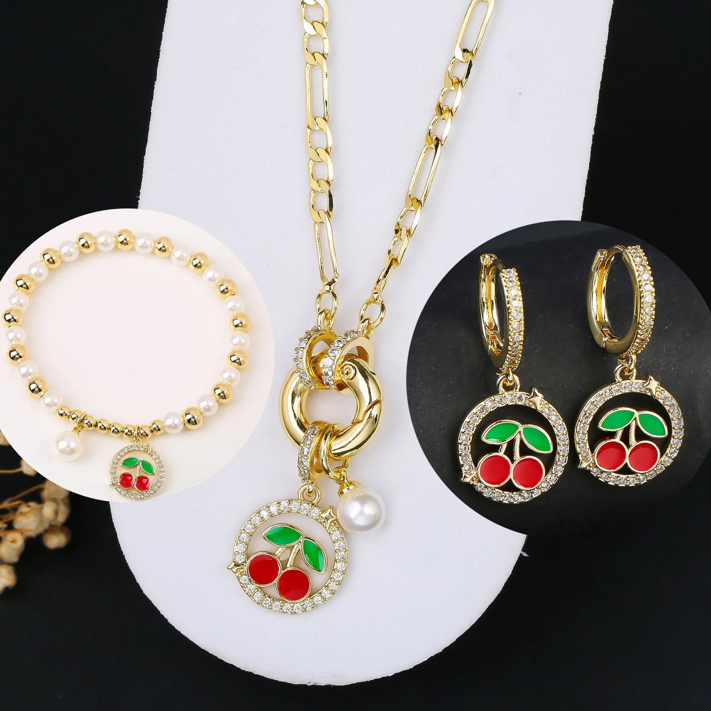 3pcs Hot Sale Shiny Zirconia Crystal Cherry Necklace Bracelet Earrings Jewelry Set Fashion for Woman Girl Wedding Lucky Jewelry Good Vibrations Adult Super Store
