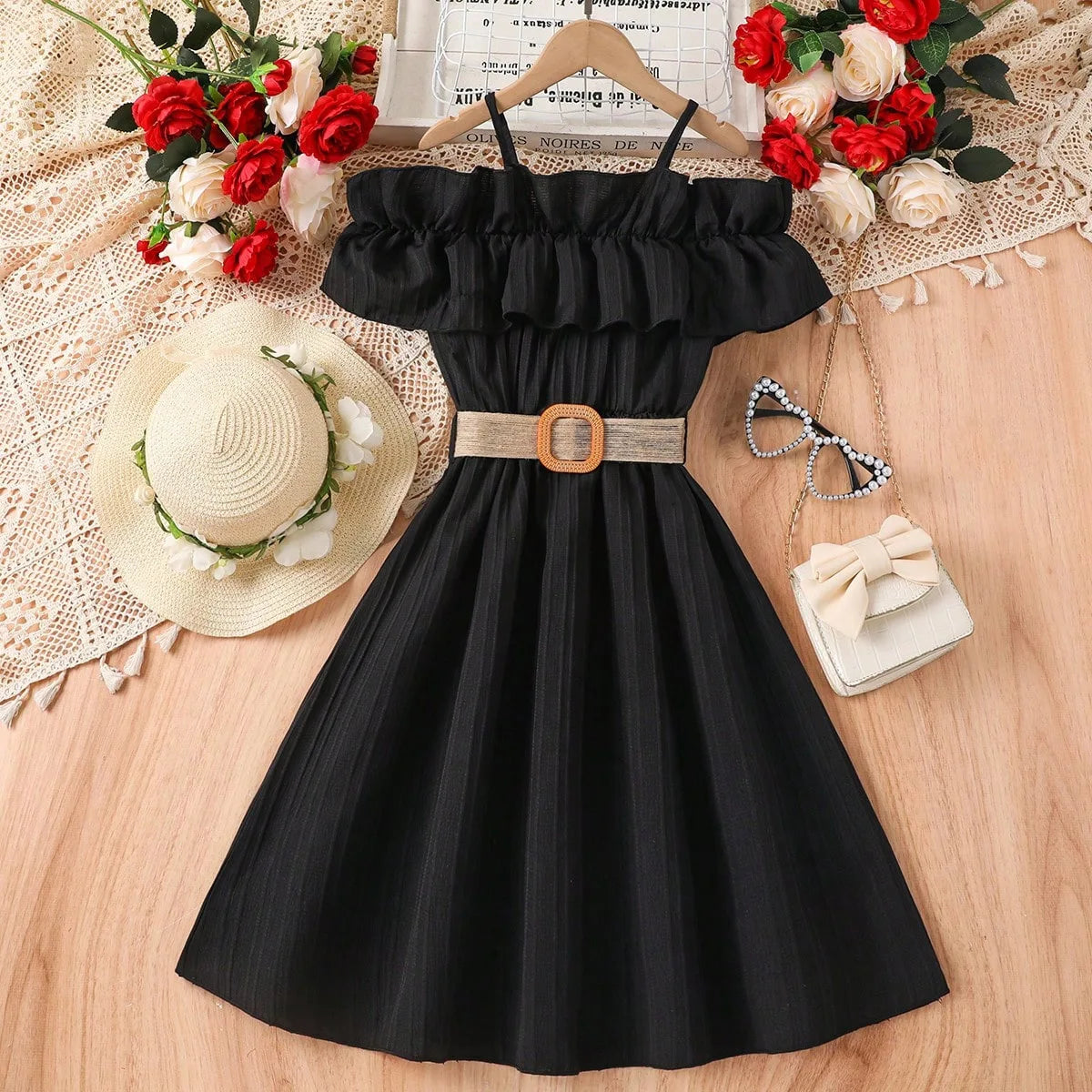 Prowow Girls Party Dresses Sleeveless Belted Halter Neck Hem Dress Holiday Beach Children's Clothing Teenagers Dress For Girls Good Vibrations