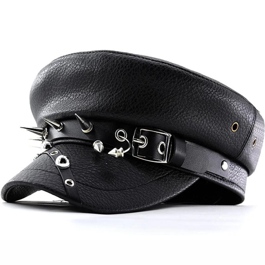 Women's Trendy Beret Black Pu Leather Flat Top Captain Military Caps Women's Accessories Good Vibrations