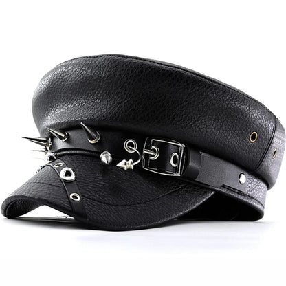 Women's Trendy Beret Black Pu Leather Flat Top Captain Military Caps Women's Accessories Good Vibrations