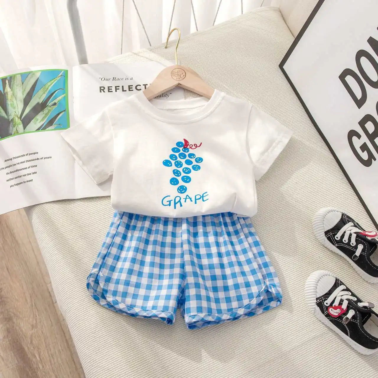 Fruit T-shirt Plaid Shorts Girls 2pc/set Summer Children's Clothes Cotton Kids Short Sleeved Suit Fashion Baby Clothing 1-6Y Good Vibrations
