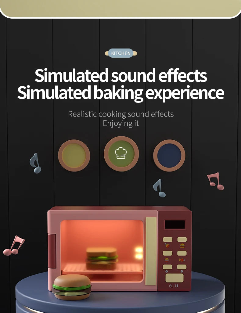 Toy Microwave Oven Playset with Light and Sound, Toy kitchen Appliances for Kids, Play kitchen accessories and Toy Food for Kids Good Vibrations