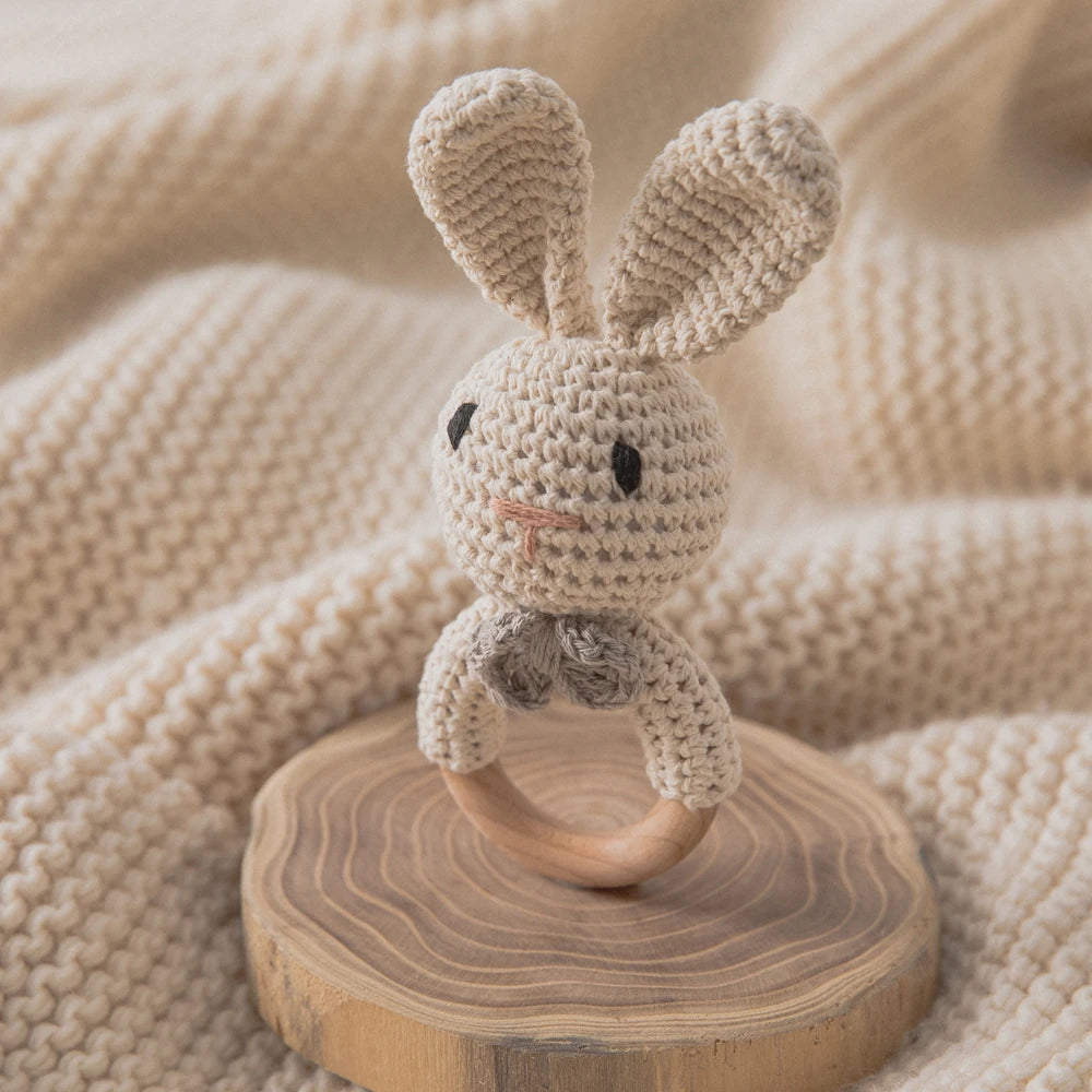 Baby Crochet Rattle Wooden Teether Toy BPA Free Wood Rodent Rabbit Rattle Baby Mobile Play Gym Newborn Educational Music Toys Good Vibrations