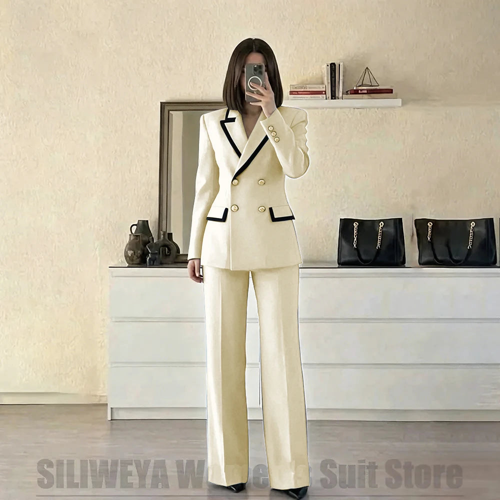 Women's Red Suit Two Piece Set Double Breasted Blazer with Black Trim and Pants Elegant Formal Fashion Daily Casual Party Tuxedo Good Vibrations