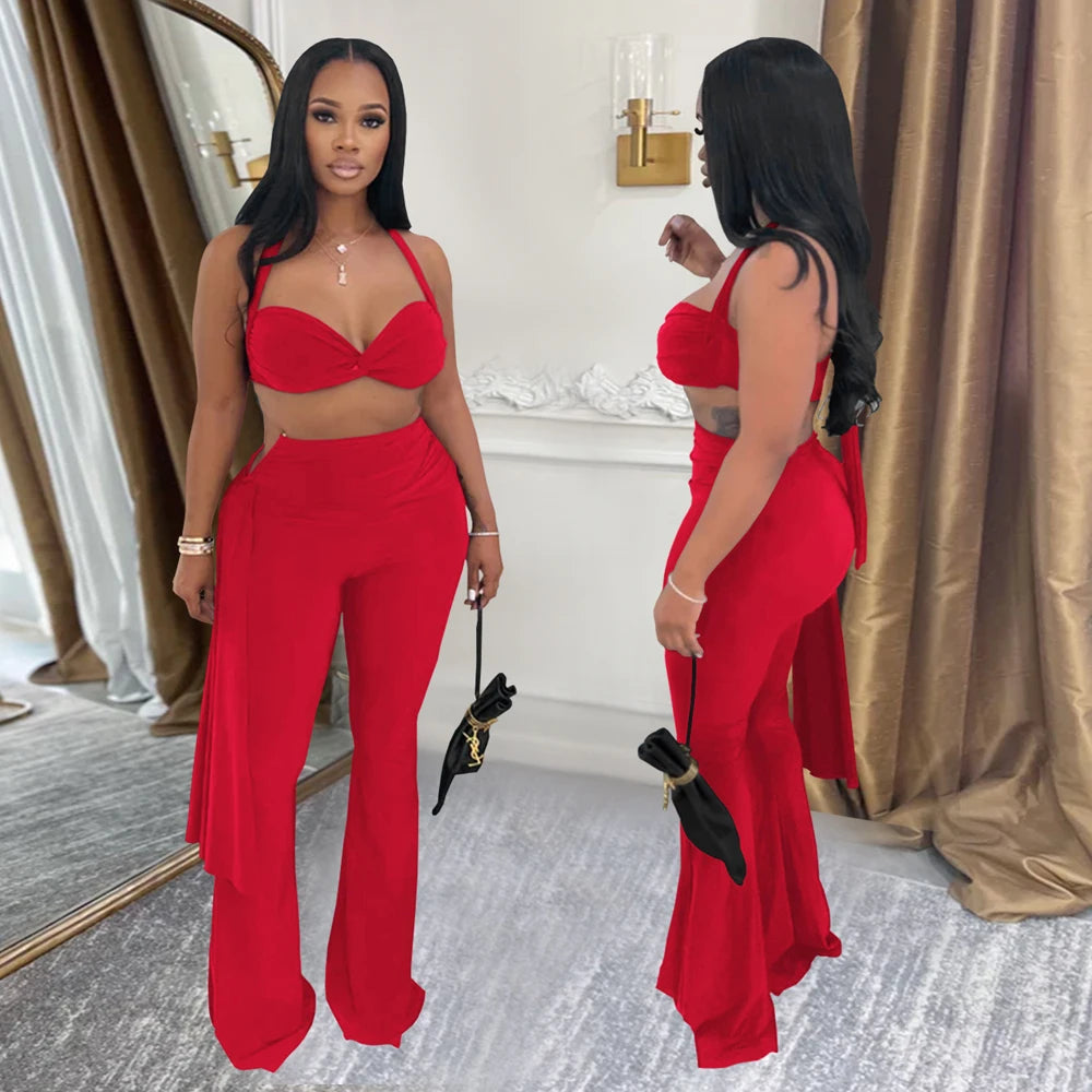 Sexy Women Outfits Twist-Front Crop Top and Long Straps Wide Leg Pants Sets Ruched Metal Tracksuits Sets Chic Night Out Overalls Good Vibrations