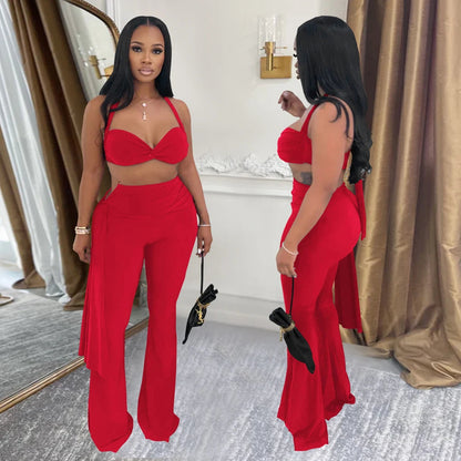 Sexy Women Outfits Twist-Front Crop Top and Long Straps Wide Leg Pants Sets Ruched Metal Tracksuits Sets Chic Night Out Overalls Good Vibrations