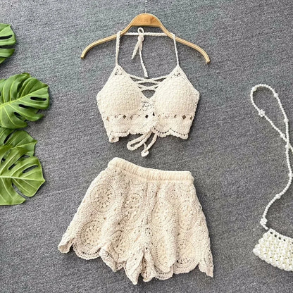 SINGREINY Knit Two Piece Sets Women Summer Vacation Backless Camisole Elastic Waist Shorts Hollow Out Y2K Beach Style Suits Good Vibrations