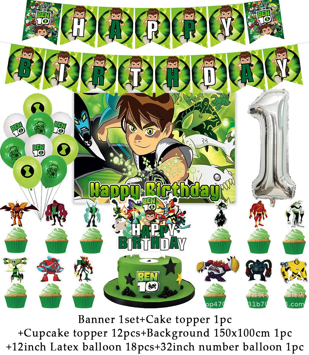 Cartoon Ben-10 Birthday Party Decoration Balloons Favor Set Banner Cake Toppers Baby Shower Boys Gift Party Supplies Photo Prop Good Vibrations