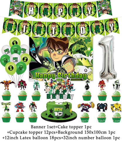 Cartoon Ben-10 Birthday Party Decoration Balloons Favor Set Banner Cake Toppers Baby Shower Boys Gift Party Supplies Photo Prop Good Vibrations