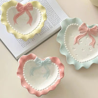 INS Wind Bowl Plate Cute Wave Edge Bow Knot Love Wave Dot Ceramic Lace Tableware Girl Heart Home Rice Bowl Plate Dessert Plate Good Vibrations