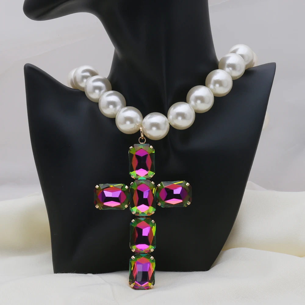Fashionable and exaggerated large glass cross necklace pendant, luxurious Christmas gift jewelry Good Vibrations