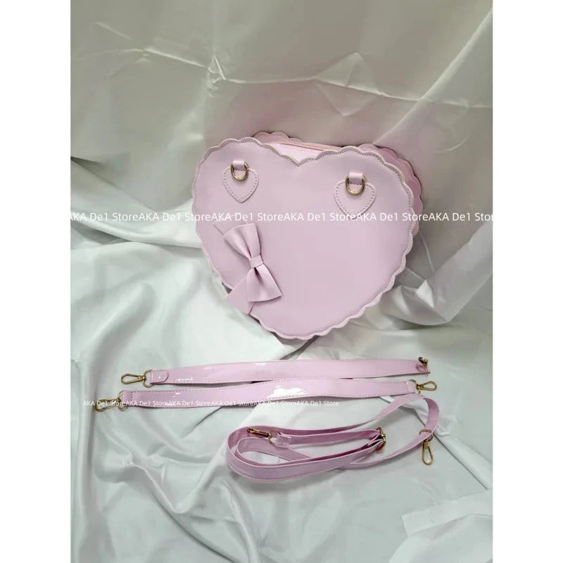 PU Heart Lolita Handbags Girls Bowknots Decor Japanese Shoulder Bags Two Sized Kawaii Shell Purses Cute Pink Messenger Bag Gifts Good Vibrations