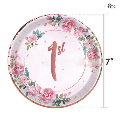 Pink Flower One Year Old Birthday Party Disposable Tableware Babyshower Girl Pink Paper Plates Baby Girl 1st Birthday Party Deco