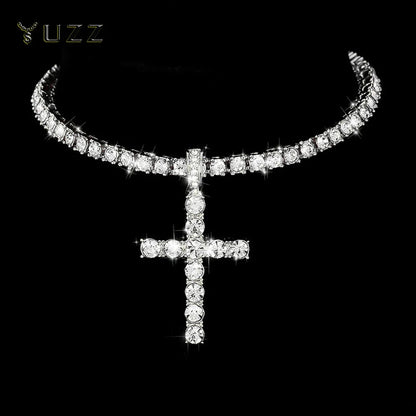 Hip Hop Iced Out Cross Pendant Necklace Strap 4mm Zircon Tennis Chain Men Women Sparkling Necklace Punk Jewelry Fashion Gift Good Vibrations