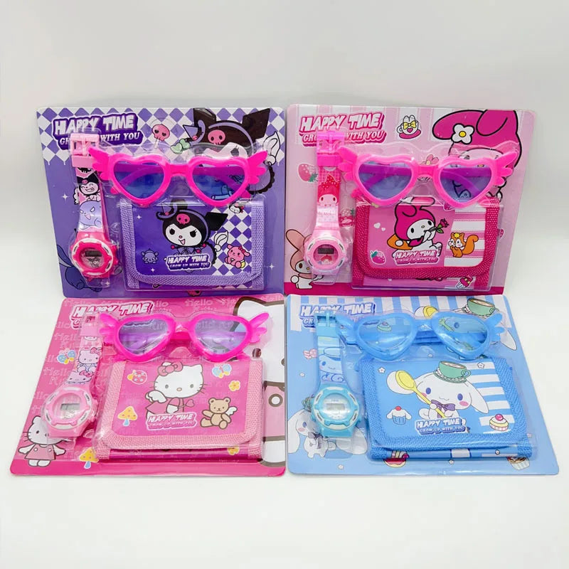 Fashion 3ps Unicorn Hello Kitty Girls Watch Kids with Wallet Glasses Cartoon Spiderman Watch Children Clock Toys set Good Vibrations