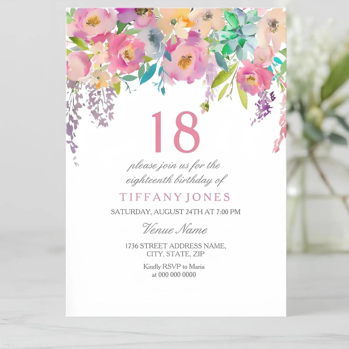 5/20/100pcs 18th birthday invitations, Watercolor Blue Floral birthday invitations 18, Sunflower Birthday Invitation Good Vibrations