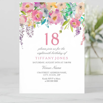 5/20/100pcs 18th birthday invitations, Watercolor Blue Floral birthday invitations 18, Sunflower Birthday Invitation Good Vibrations