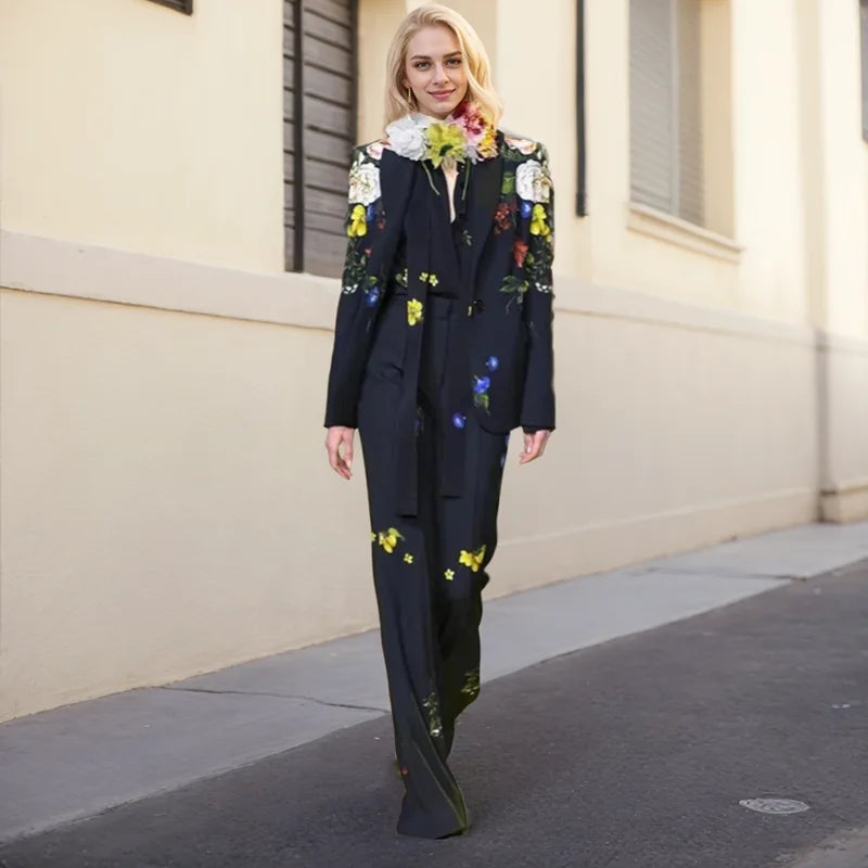 Two Piece Set For Women Fashion Floral Printed Single Button Suits Elegant Slim Fitting Formal Blazer Flare Pants Two Piece Sets Good Vibrations
