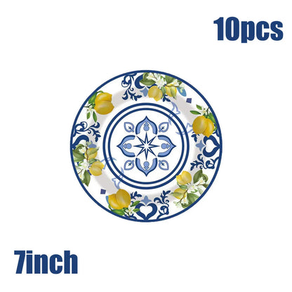 New Blue And White Porcelain Lemon Birthday party Elegant Disposable Tableware Disposable Plates Cups Wedding Adult evjf Party Good Vibrations
