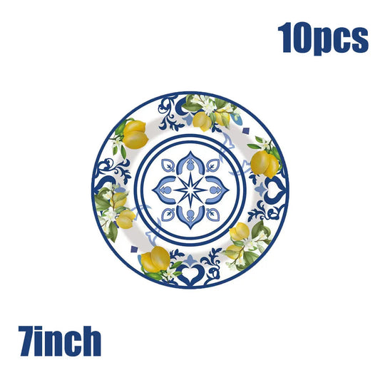New Blue And White Porcelain Lemon Birthday party Elegant Disposable Tableware Disposable Plates Cups Wedding Adult evjf Party Good Vibrations