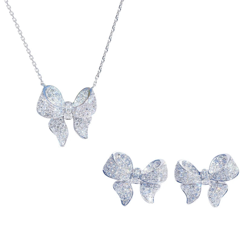 Ins Delicate 925 SIlver Needle Jewelry Set Silver Color Micro Pave Zircon Bowknot Necklace+earrings Fashion Statement Bijoux Good Vibrations Adult Super Store