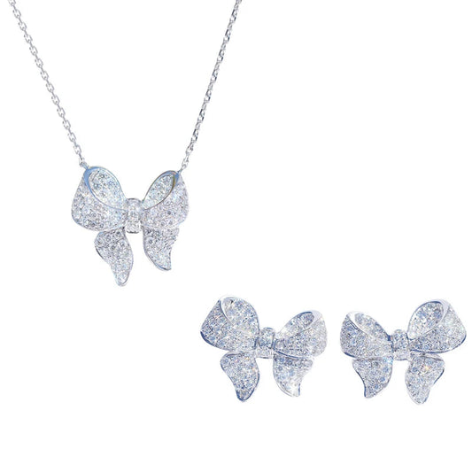 Ins Delicate 925 SIlver Needle Jewelry Set Silver Color Micro Pave Zircon Bowknot Necklace+earrings Fashion Statement Bijoux Good Vibrations Adult Super Store