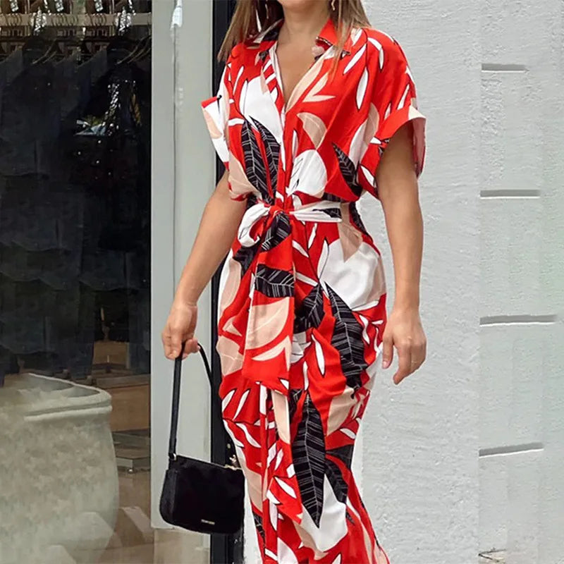 Elegant Dresses For Lady Vestidos 2026 Woman Dress Vestido Commuting Temperament Printed Irregular Leace-up Lapel Slim Contrast Good Vibrations
